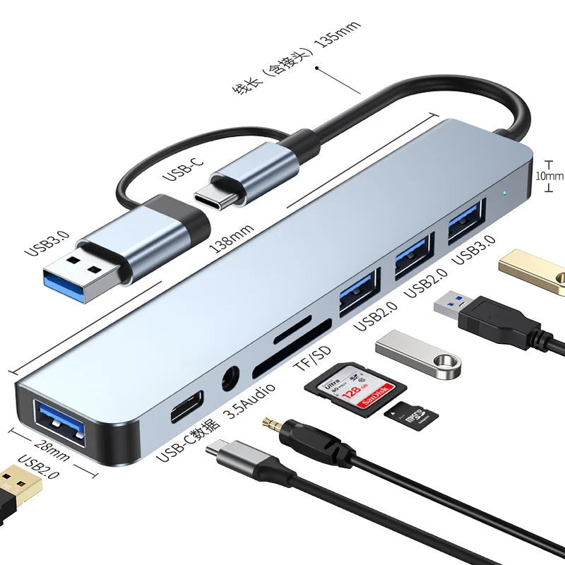 Hub USB-C 8 en 1 y base USB-C: adaptador multifunción para teléfono, PC y Mac.
